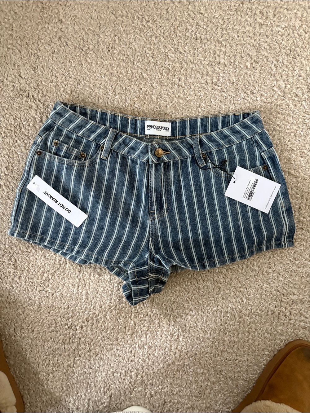 Princess Polly Navy and Cream Striped Denim Shorts NWT